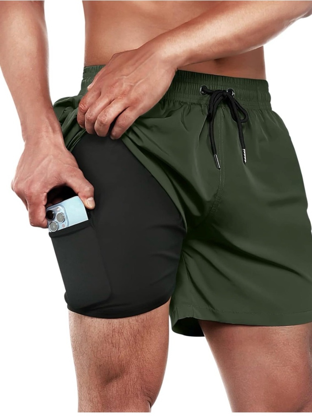 Men's Green Athletic Swim Shorts with Inner Pocket
